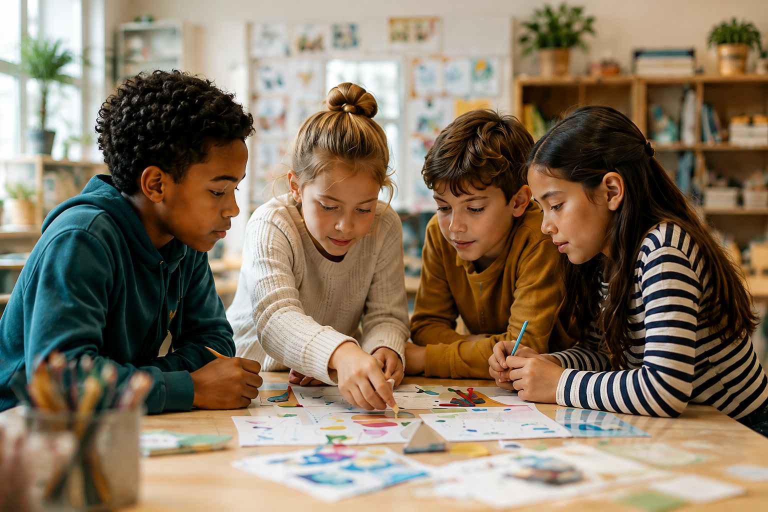 Vier leerlingen werken samen aan een creatieve opdracht in de klas