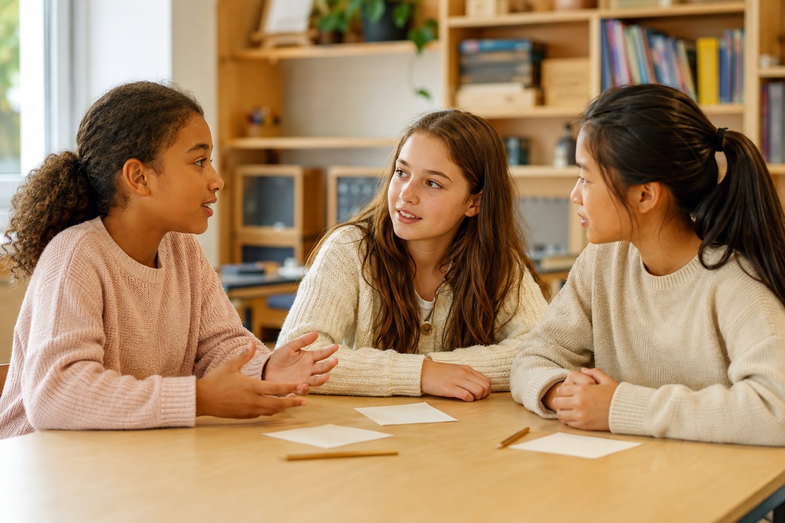 Drie leerlingen praten met elkaar en luisteren naar verschillende perspectieven