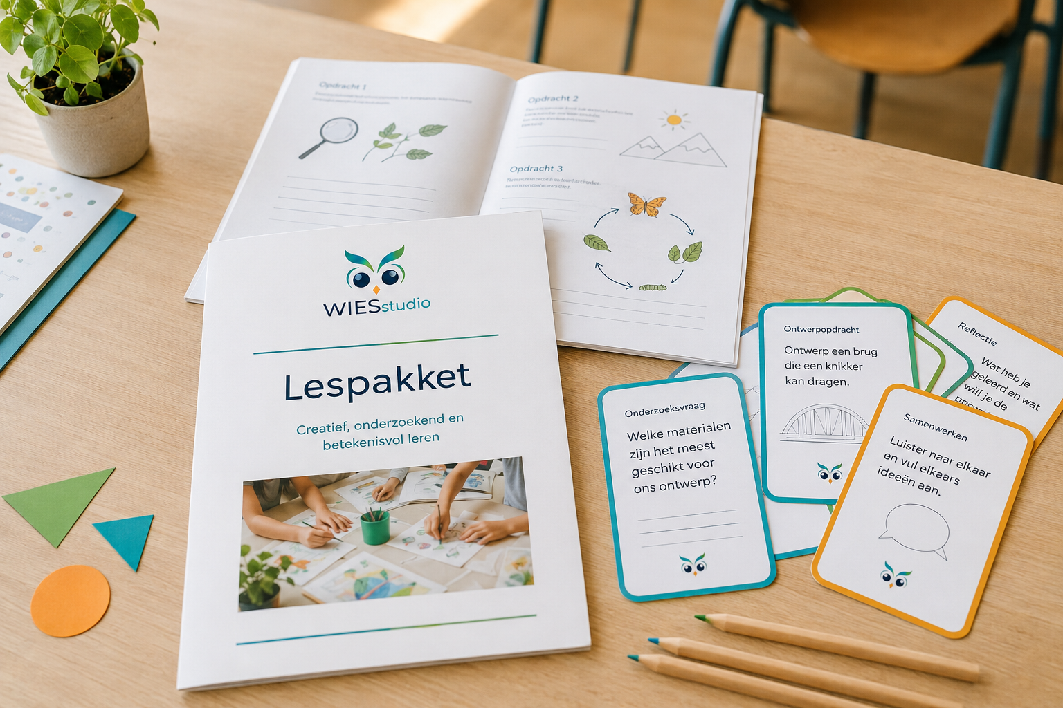 WIESstudio-lesboekjes en opdrachtkaarten op een houten tafel