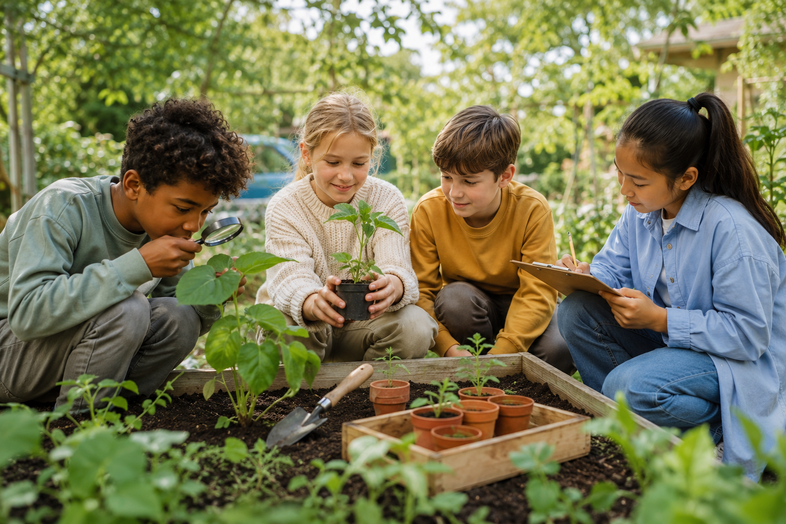 Vier leerlingen onderzoeken samen planten in een schooltuin