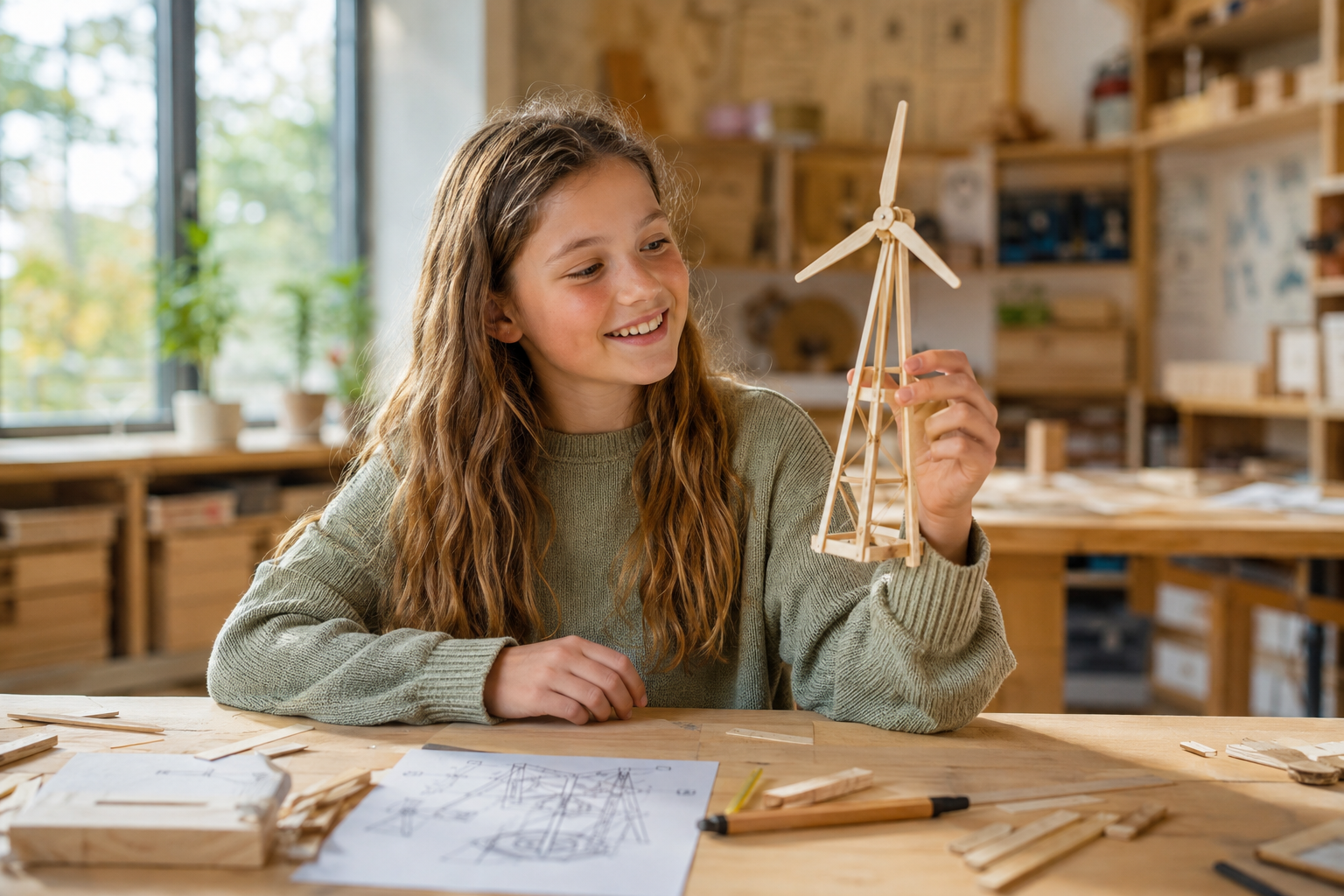 Een leerling bekijkt trots een zelfgemaakt windmolentje