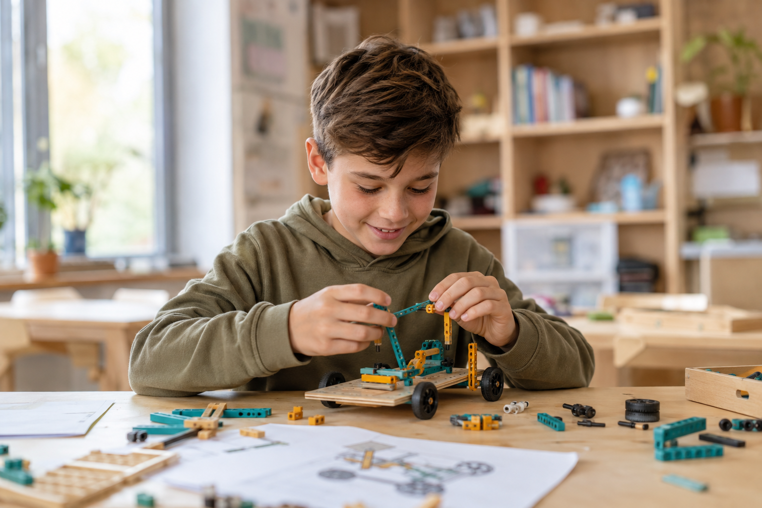 Een leerling bouwt een technisch model aan een werktafel