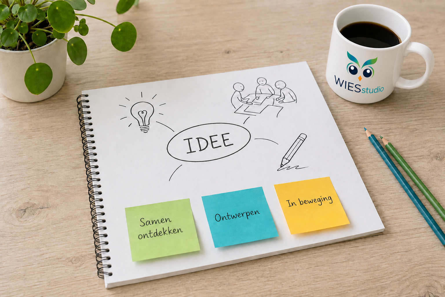 Notitieboek met ideeën, gekleurde notities en een witte WIESstudio-beker