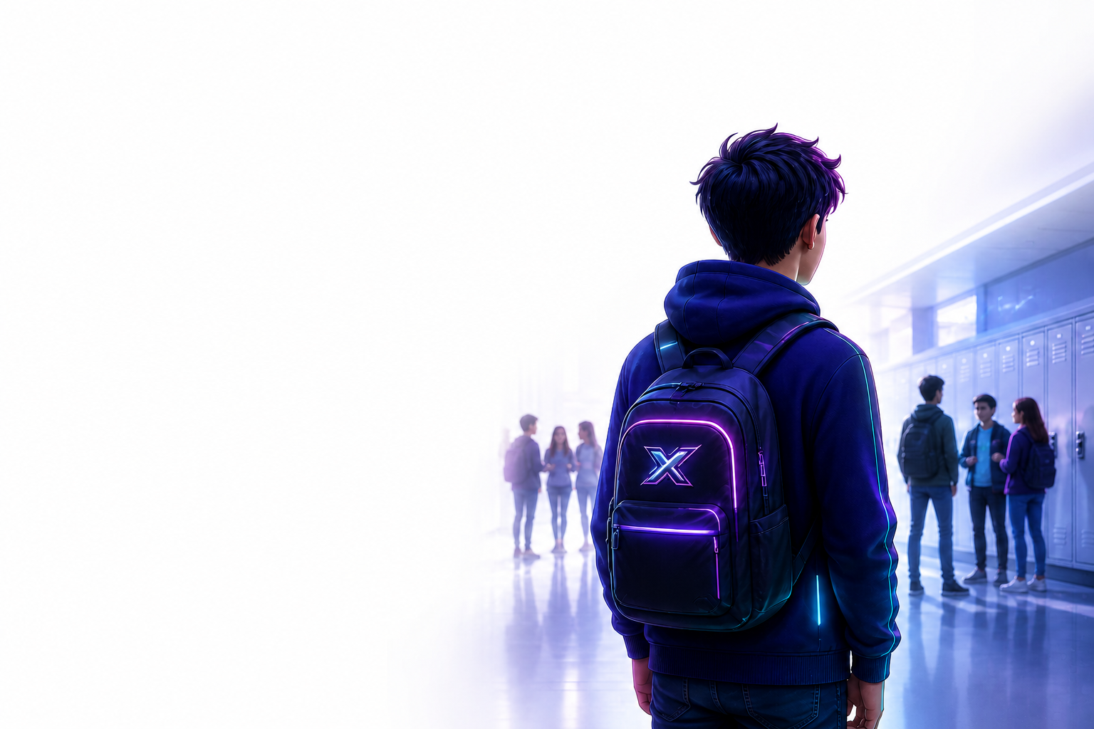 Een leerling in een schoolgang met de herkenbare SpannixBuilders-rugzak