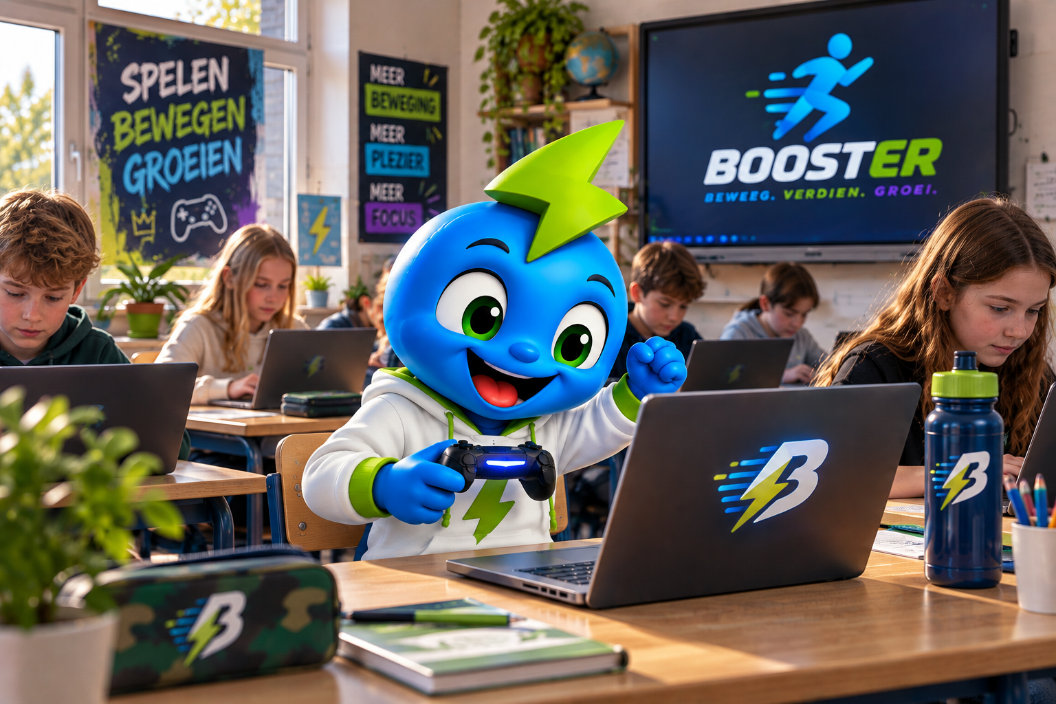 Booster achter een laptop in een klasomgeving