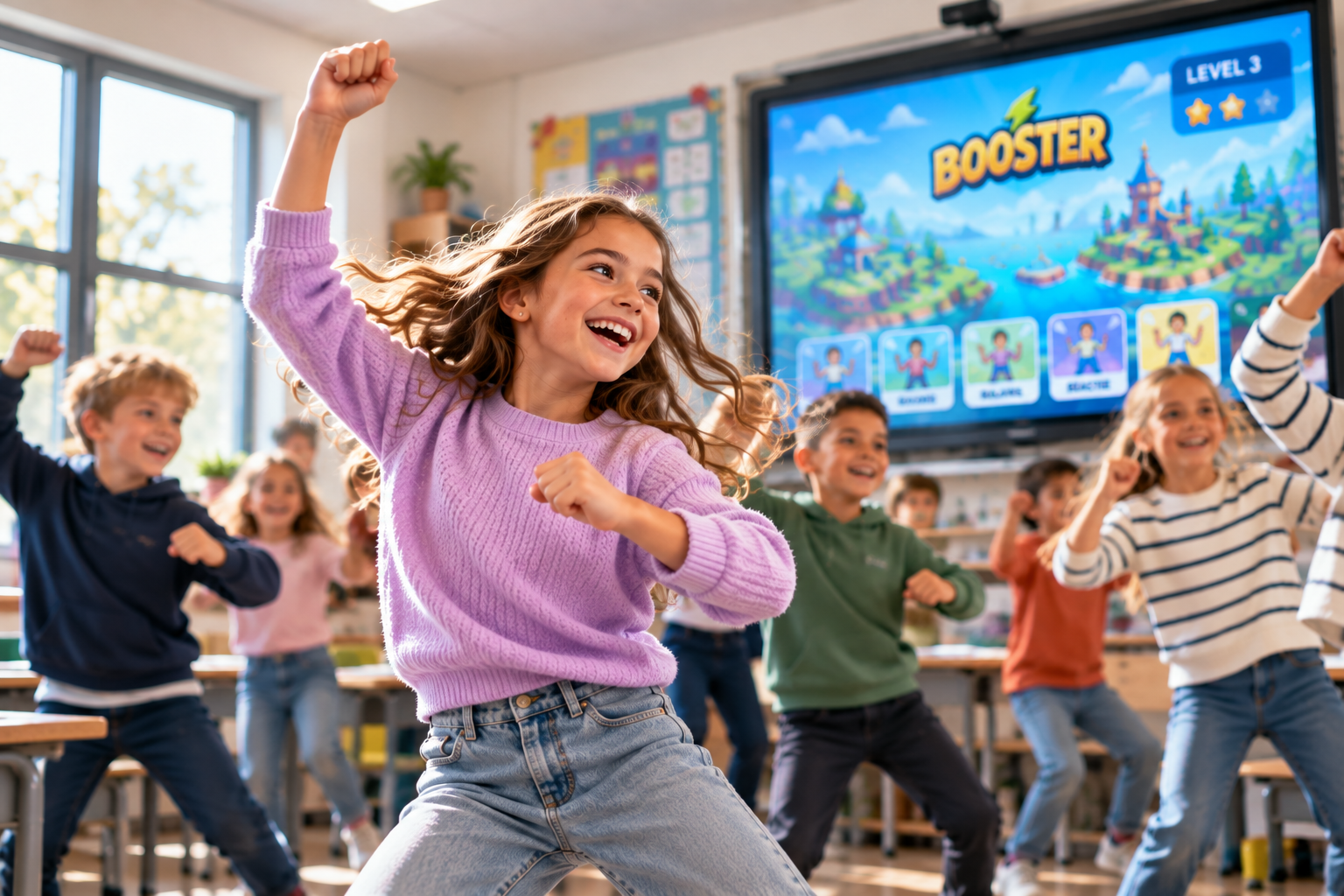 Enthousiaste leerling die beweegt tijdens een beweegmoment in de klas