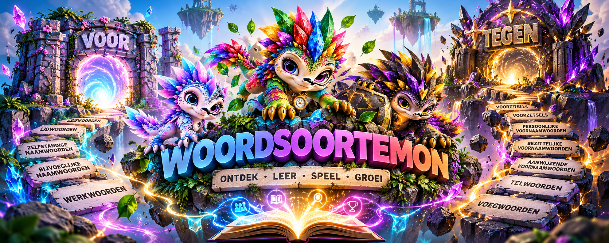 Magische Woordsoortenwereld met drie Woordsoortemon-personages
